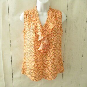 Ann Taylor Top XS Petite Orange Yellow Print Ruffle Sleeveless V Neck